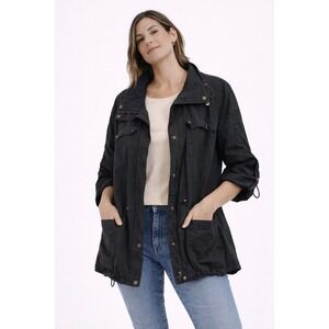 Liz & Me Utility Jacket Womens 1X Black Snap Front Drawstring Hem Gorpcore